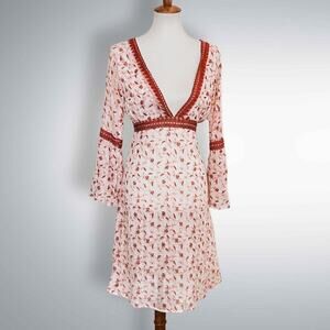 Vintage Ari Shamaris Y2K Boho Gauze Dress – Bell Sleeves, Red Floral Print